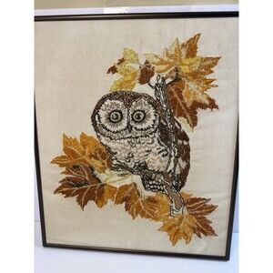Vintage Large Needlework Crewel Owl Handmade Framed Picture 18 X 15" MCM Colors